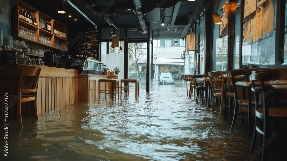 Hotel lobby submerged in flood water